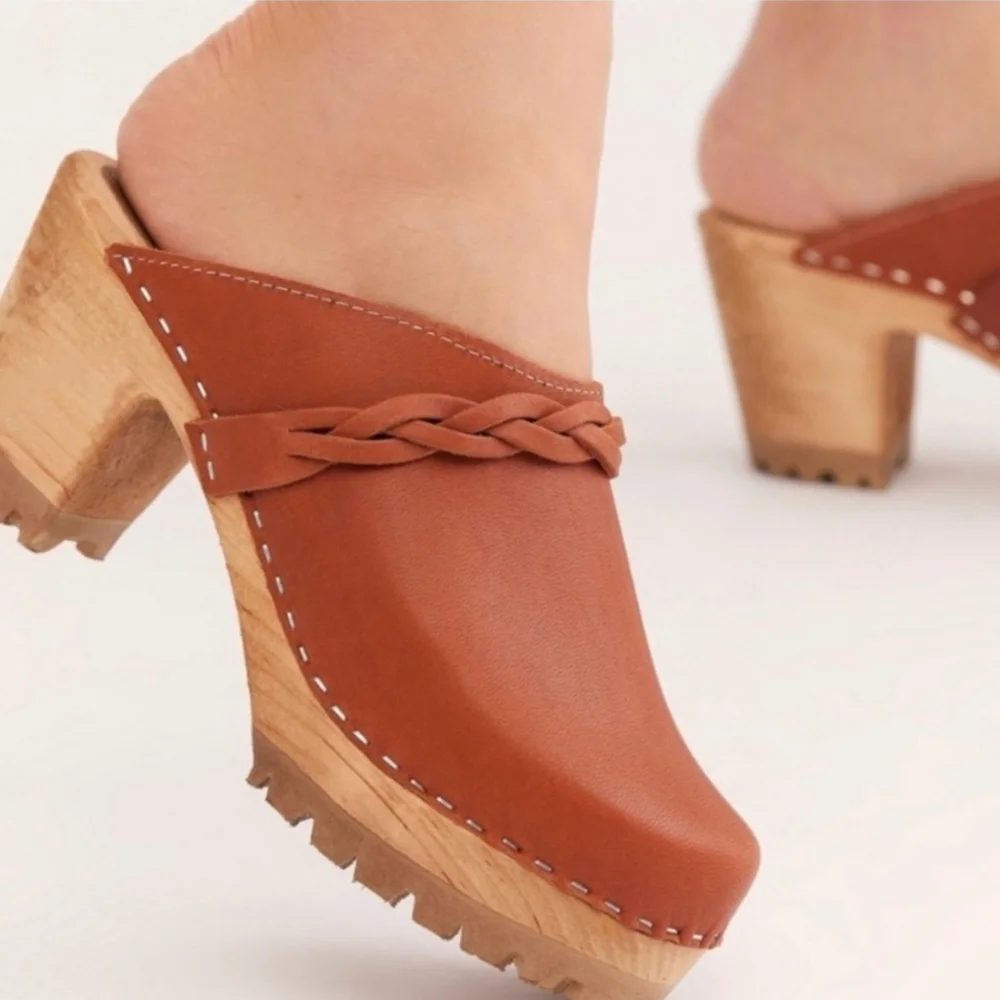MIA Sweden ELSA Leather Heeled Clogs Mules In Luggage Brown Braided Detail 8 - Picture 2 of 14
